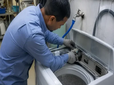 فني غسالات يفحص صمام دخول المياه في غسالة لا تسحب الماء